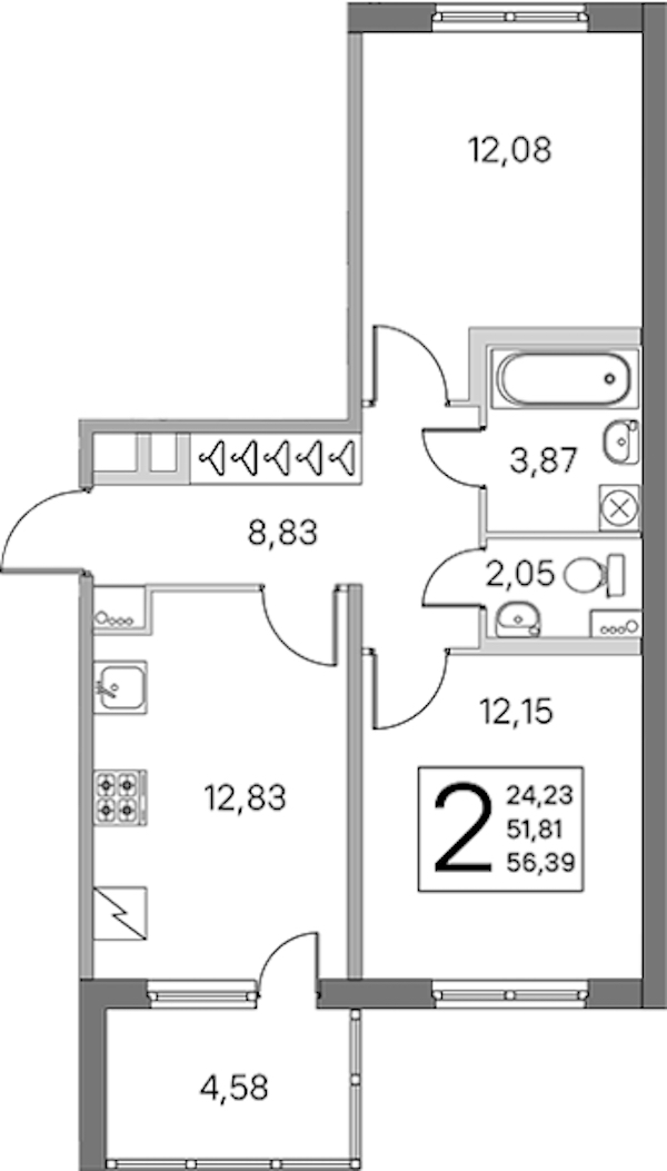 2-комнатная квартира 51.81 м², 2/5 эт., ЖК «ЮгТаун. Олимпийские кварталы»
